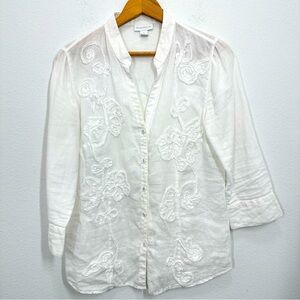 Charter Club Size 6 100% Linen White Applique 3/4 Sleeve Button Up Blouse Summer
